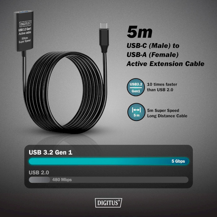 Кабель DIGITUS Active USB 3.2 Gen1 5G USB-C Male to USB-A Female Extension Cable 5м Black (DA-73110)