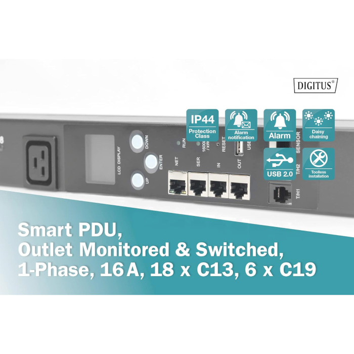 Розподільник живлення DIGITUS 19" Smart PDU Outlet Monitored & Switched, 0U, 18xC13, 6x C19, 16А, з вимикачем, 3м (DN-95634)