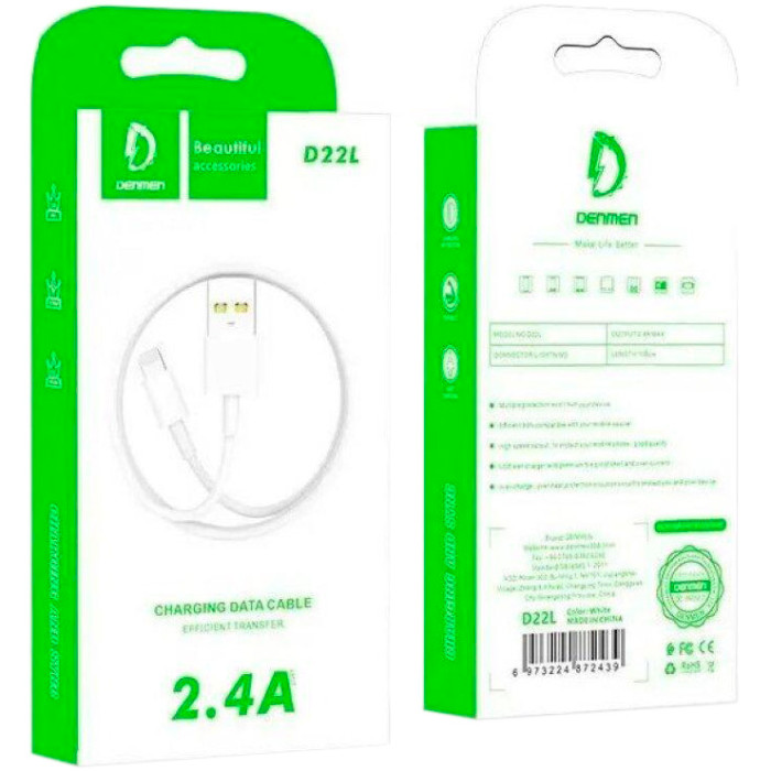 Кабель DENMEN D22L USB-A to Lightning 2.4A 1м White