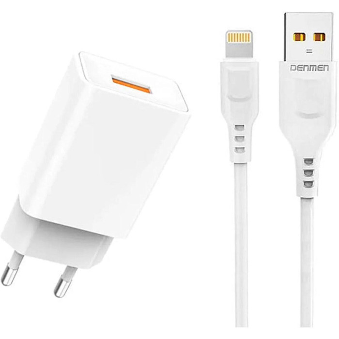 Зарядний пристрій DENMEN DC01L 1xUSB-A, 2.4A White w/Lightning cable