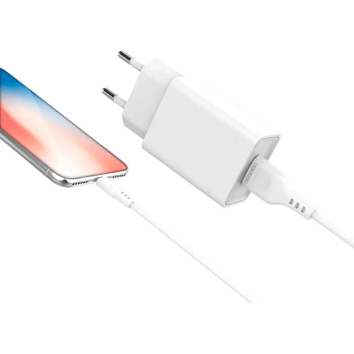 Зарядний пристрій DENMEN DC01L 1xUSB-A, 2.4A White w/Lightning cable