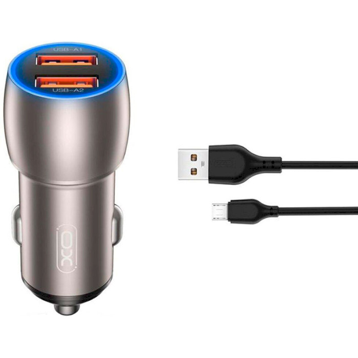 Автомобильное зарядное устройство XO CC52 2xUSB-A, QC3.0, 36W Car Charger Black w/Micro-USB cable (CC52-M-BK)