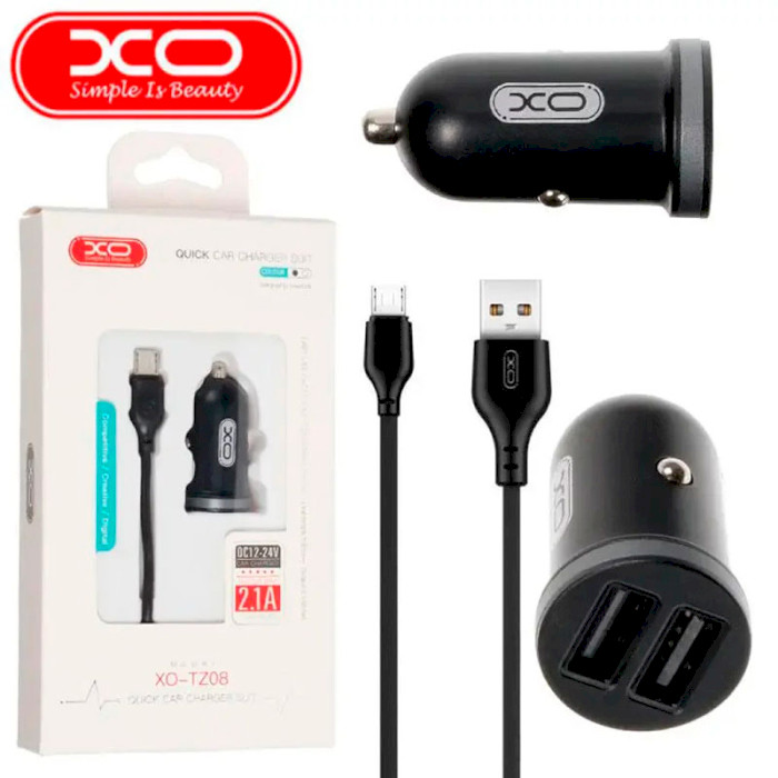 Автомобильное зарядное устройство XO TZ08 2xUSB-A, 2.1A Car Charger Black w/Micro-USB cable (TZ08-M-BK)