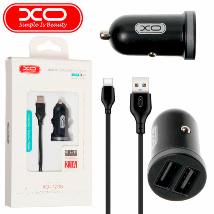 Автомобильное зарядное устройство XO TZ08 2xUSB-A, 2.1A Car Charger Black w/Type-C cable (TZ08-TC-BK)