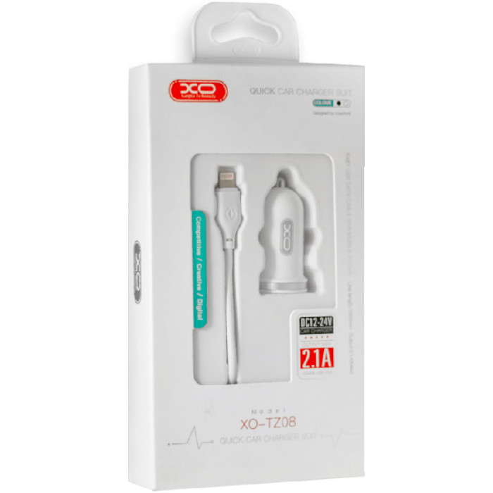 Автомобильное зарядное устройство XO TZ08 2xUSB-A, 2.1A Car Charger White w/Lightning cable (TZ08-L-WH)