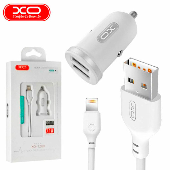 Автомобильное зарядное устройство XO TZ08 2xUSB-A, 2.1A Car Charger White w/Lightning cable (TZ08-L-WH)