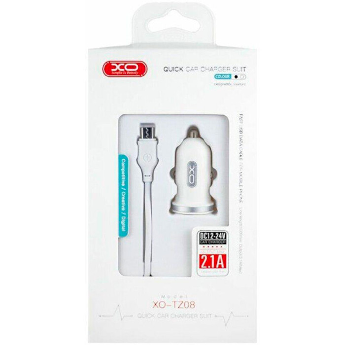 Автомобильное зарядное устройство XO TZ08 2xUSB-A, 2.1A Car Charger White w/Micro-USB cable (TZ08-M-WH)