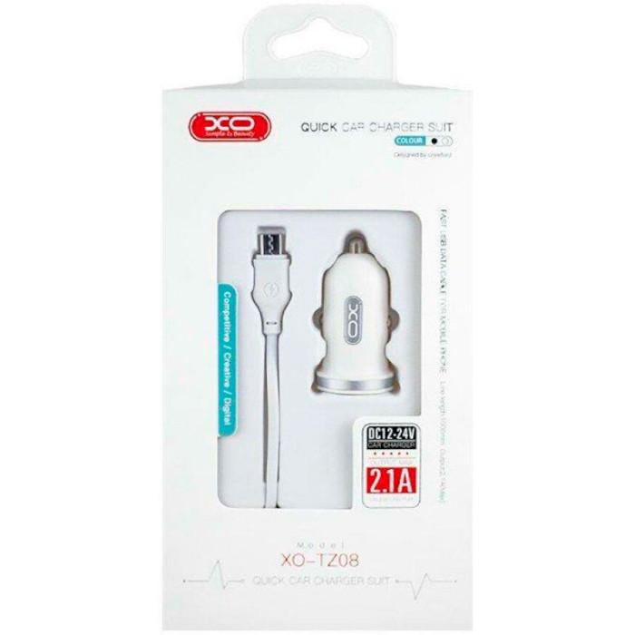 Автомобильное зарядное устройство XO TZ08 2xUSB-A, 2.1A Car Charger White w/Type-C cable (TZ08-TC-WH)