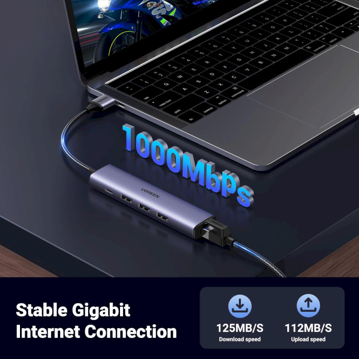 Мережевий адаптер з USB-хабом UGREEN CM475 USB 3.0 to Ethernet Adapter 5-in-1 Multiport Hub (60554)