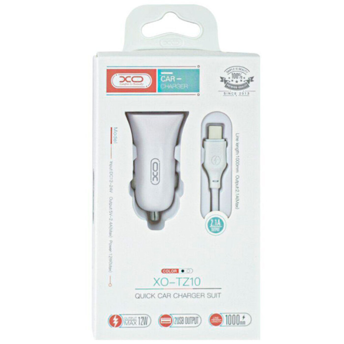 Автомобильное зарядное устройство XO TZ10 2xUSB-A, 2.4A Car Charger White w/Micro-USB cable (TZ10-M-WH)