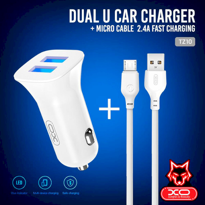 Автомобильное зарядное устройство XO TZ10 2xUSB-A, 2.4A Car Charger White w/Micro-USB cable (TZ10-M-WH)