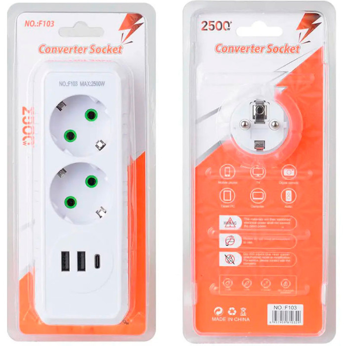 Мережевий розгалужувач VOLTRONIC F103 White, 2 розетки, 1xUSB-C, 2xUSB