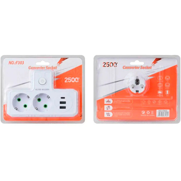 Мережевий розгалужувач VOLTRONIC F303 White, 2 розетки, 1xUSB-C, 2xUSB