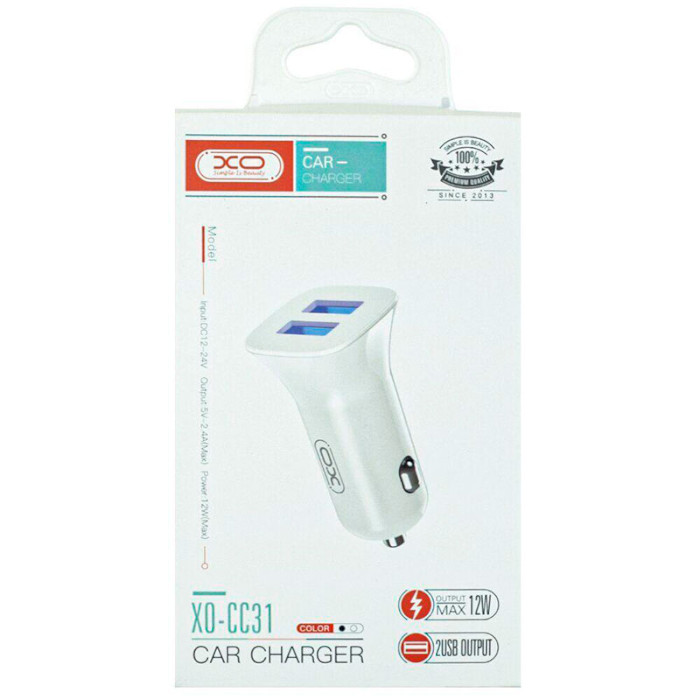 Автомобильное зарядное устройство XO TZ10 2xUSB-A, 2.4A Car Charger White (TZ10-WH)