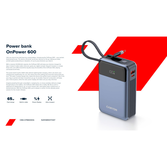 Повербанк CANYON OnPower 600 20000mAh Dark Gray