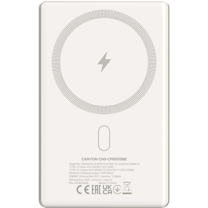 Повербанк MagSafe CANYON OnCharge 500 Slim 5000mAh Beige