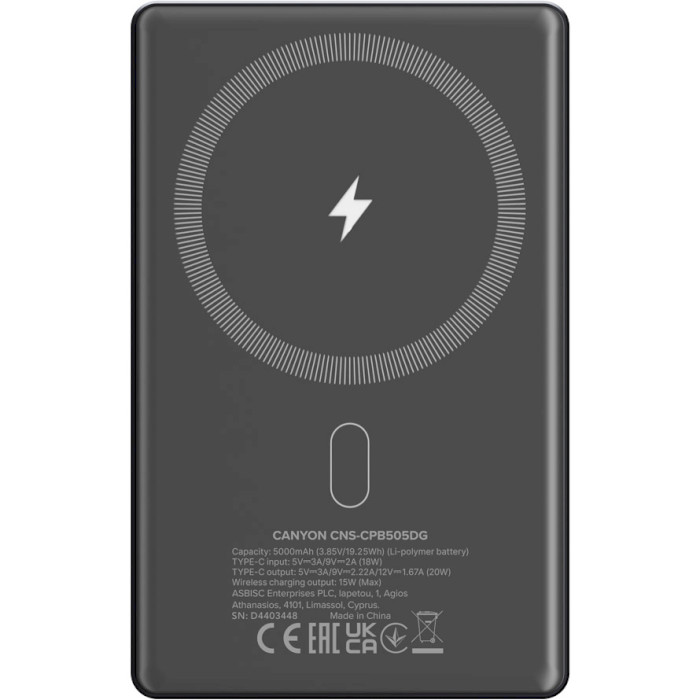 Повербанк MagSafe CANYON OnCharge 500 Slim 5000mAh Dark Gray