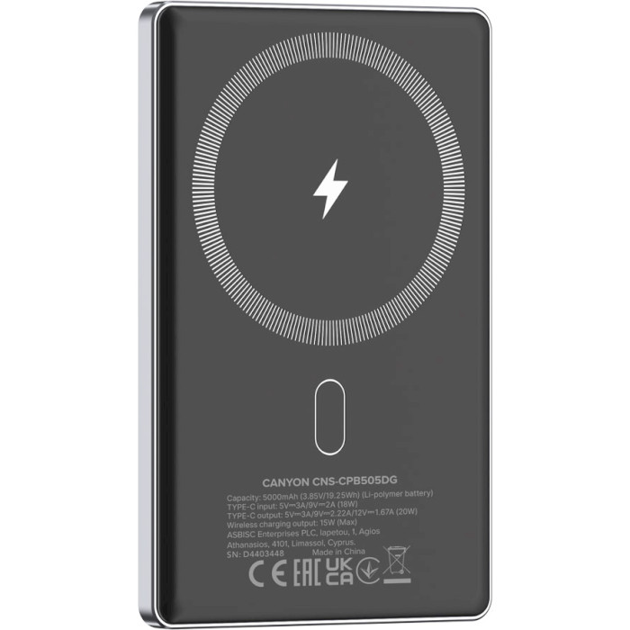 Повербанк MagSafe CANYON OnCharge 500 Slim 5000mAh Dark Gray