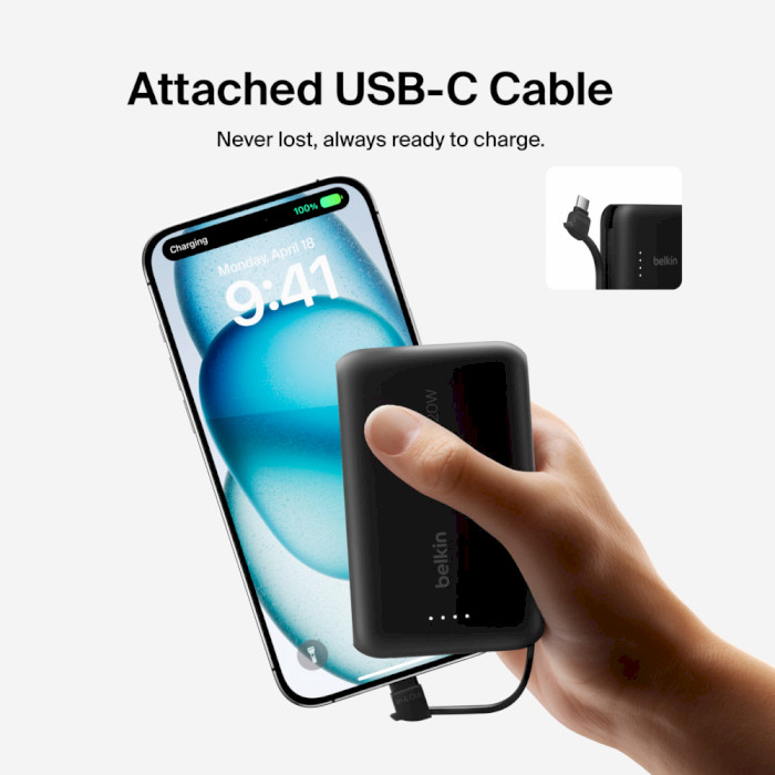 Повербанк BELKIN Boost Charge USB-C PD Power Bank 10K with Integrated Cable 10000mAh Black (BPB021HQBK)