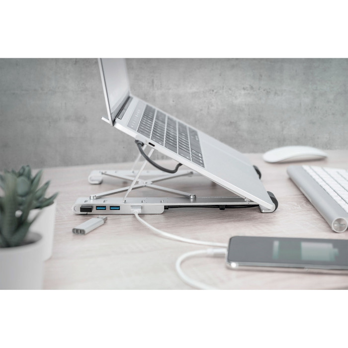 Подставка для ноутбука DIGITUS Variable Notebook Stand with Integrated USB-C Hub, 5 Port Silver