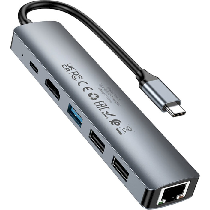 Порт-репликатор BOROFONE DH16 Buddy 6-in-1 USB-C to 1xHDMI, 1xUSB3.0, 2xUSB2.0, RJ-45, PD Metal Gray