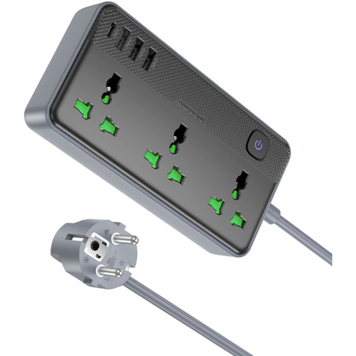 Мережевий фільтр BOROFONE BAC2A Leya Black, 3 розетки, 1xUSB-C, 3xUSB, 1.5м