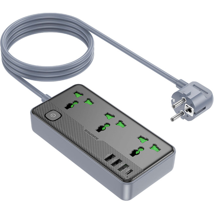 Мережевий фільтр BOROFONE BAC2A Leya Black, 3 розетки, 1xUSB-C, 3xUSB, 1.5м