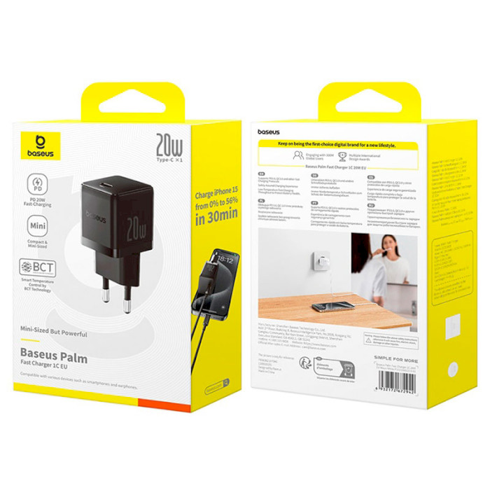 Зарядний пристрій BASEUS Palm Fast Charger 1C 20W EU Cluster Black (P10111602113-00)