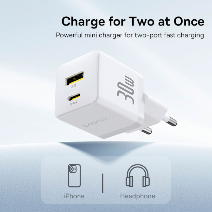 Зарядний пристрій BASEUS Palm Fast Charger C+U 30W EU Moon White w/Type-C to Type-C cable (P1011160A213-01)