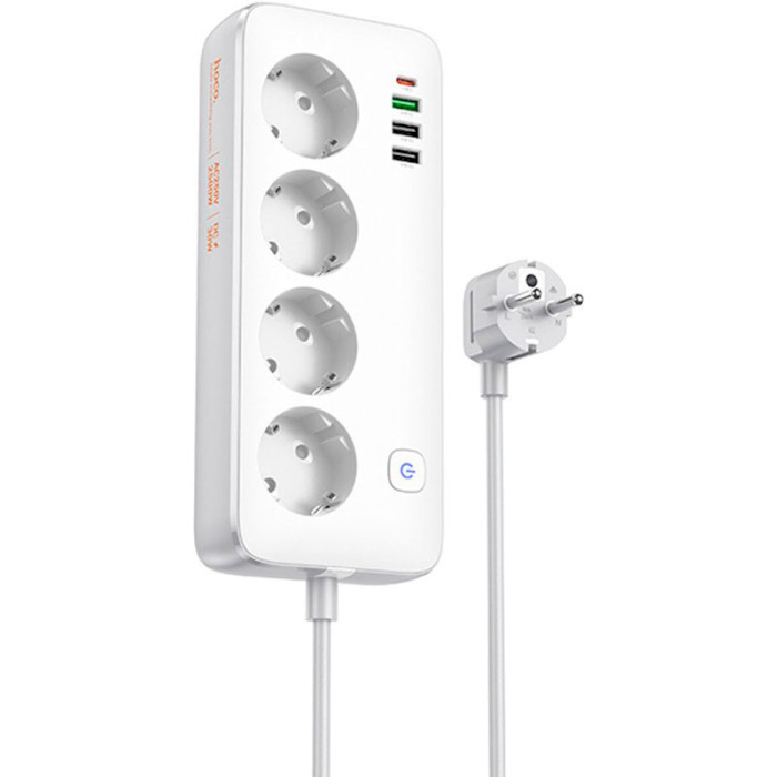 Сетевой фильтр HOCO AC22 Sunlight White, 4 розетки, 1xUSB-C, 3xUSB, 1.5м