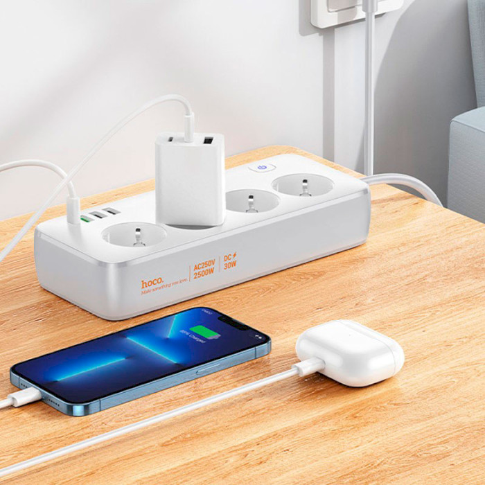 Сетевой фильтр HOCO AC22 Sunlight White, 4 розетки, 1xUSB-C, 3xUSB, 1.5м