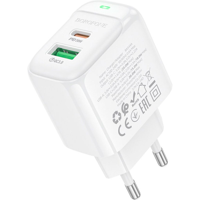 Зарядное устройство BOROFONE BAS44A Potential 1xUSB-A, 1xUSB-C, PD20W, QC3.0 White