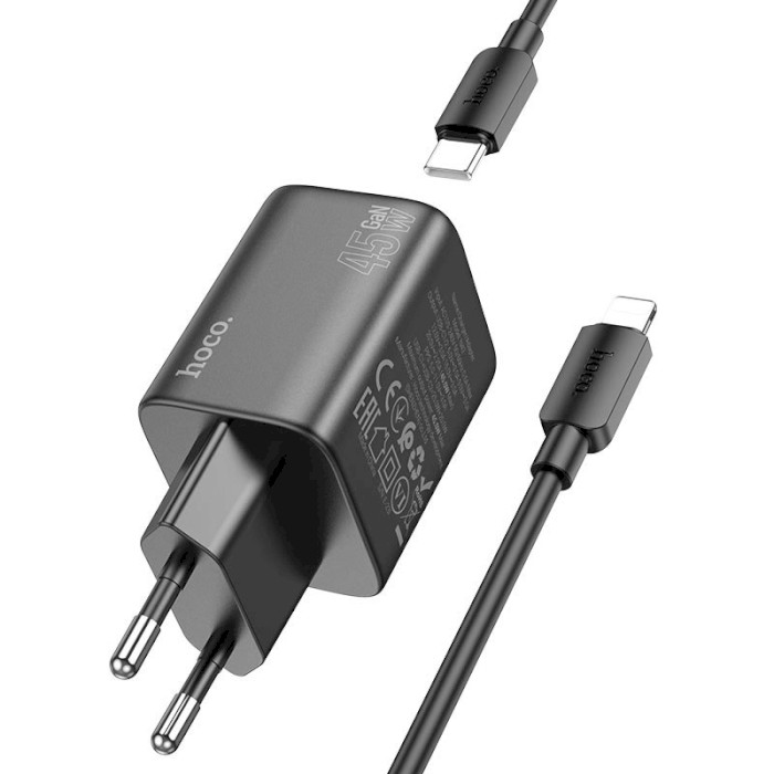 Зарядное устройство HOCO N42 Elogiado 2xUSB-C, PD45W Black w/Type-C to Lightning cable (6942007617109)