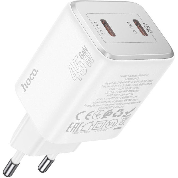 Зарядное устройство HOCO N42 Elogiado 2xUSB-C, PD45W White w/Type-C to Lightning cable (6942007617116)