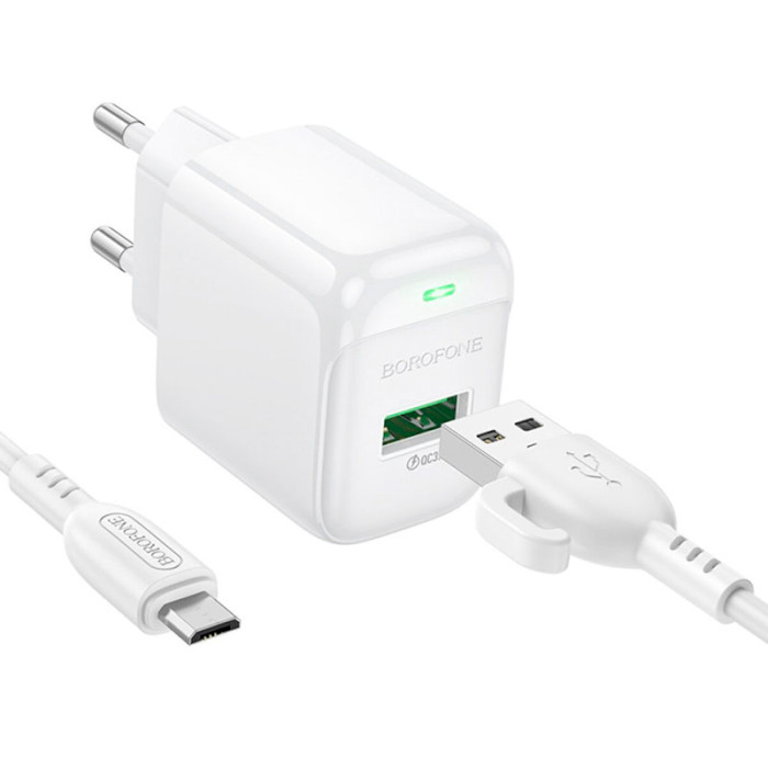 Зарядное устройство BOROFONE BAS42A Potential 1xUSB-A, QC3.0, 18W White w/Micro-USB cable