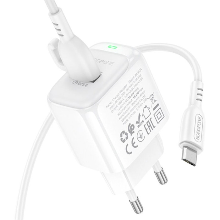 Зарядное устройство BOROFONE BAS42A Potential 1xUSB-A, QC3.0, 18W White w/Micro-USB cable