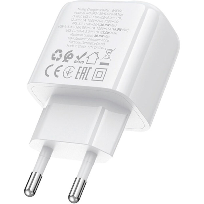 Зарядное устройство BOROFONE BAS45A Potential 1xUSB-A, 1xUSB-C, PD30W, QC3.0 White