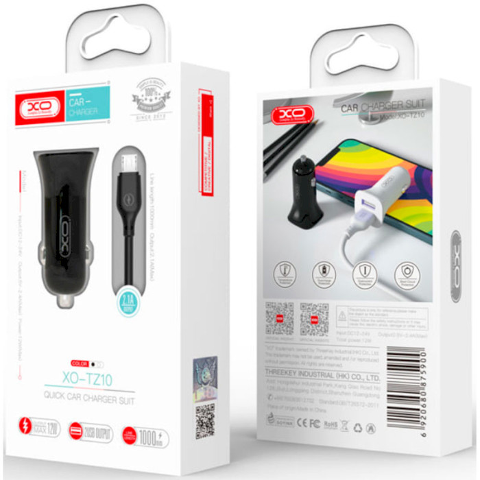 Автомобільний зарядний пристрій XO TZ10 2xUSB-A, 2.4A Car Charger Black w/Micro-USB cable (XO-TZ10-MC-BK)