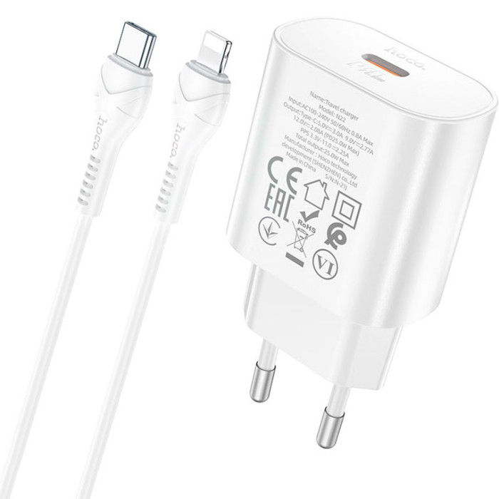 Зарядний пристрій HOCO N22 Jetta 1xUSB-C, PD25W White w/Type-C to Lightning cable (6931474760074)