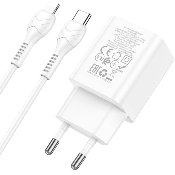 Зарядний пристрій HOCO N28 Founder 1xUSB-A, 1xUSB-C, PD20W, QC3.0 White w/Type-C to Lightning cable (6931474783530)