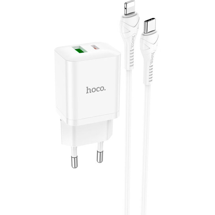 Зарядний пристрій HOCO N28 Founder 1xUSB-A, 1xUSB-C, PD20W, QC3.0 White w/Type-C to Lightning cable (6931474783530)