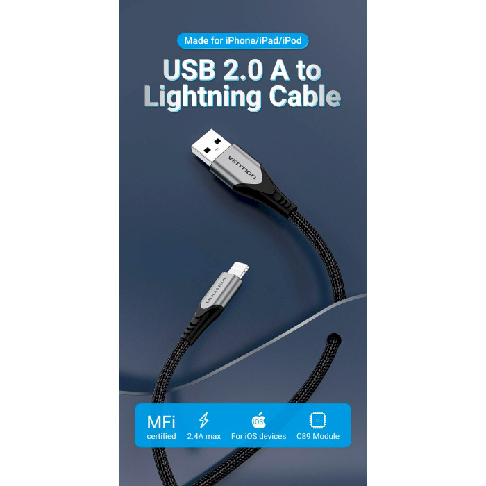 Кабель VENTION USB 2.0 AM/Lightning 2.4A 2м Purple (LABVH)