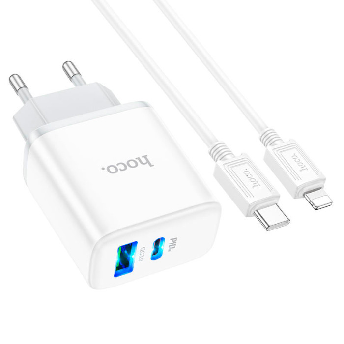 Зарядний пристрій HOCO C105A Stage 1xUSB-A, 1xUSB-C, PD20W, QC3.0 White w/Type-C to Lightning cable (6931474782939)