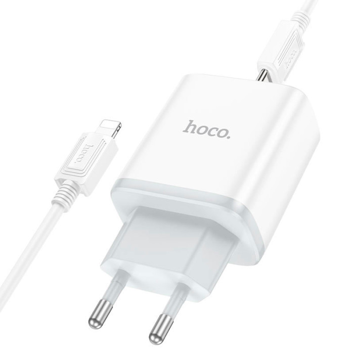 Зарядний пристрій HOCO C105A Stage 1xUSB-A, 1xUSB-C, PD20W, QC3.0 White w/Type-C to Lightning cable (6931474782939)