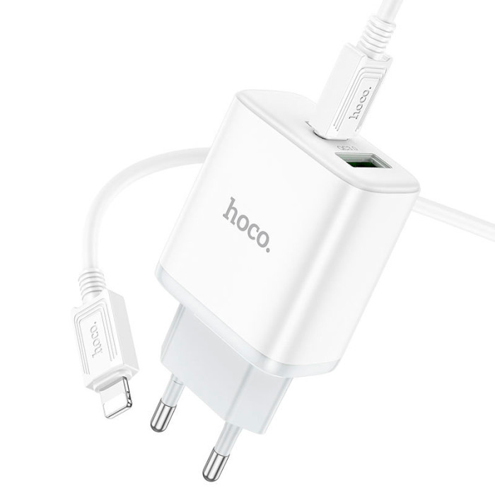 Зарядний пристрій HOCO C105A Stage 1xUSB-A, 1xUSB-C, PD20W, QC3.0 White w/Type-C to Lightning cable (6931474782939)