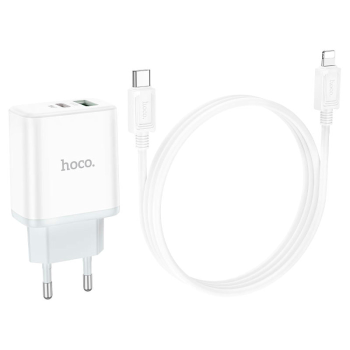 Зарядний пристрій HOCO C105A Stage 1xUSB-A, 1xUSB-C, PD20W, QC3.0 White w/Type-C to Lightning cable (6931474782939)