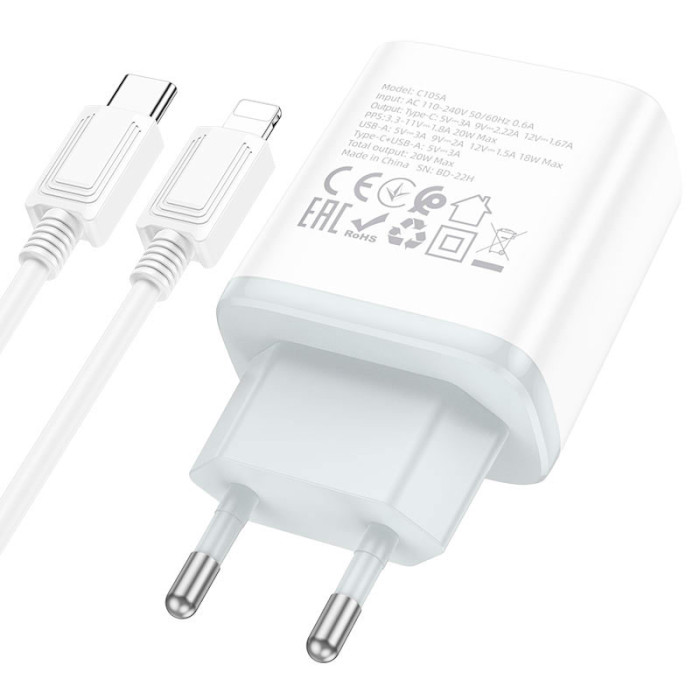 Зарядний пристрій HOCO C105A Stage 1xUSB-A, 1xUSB-C, PD20W, QC3.0 White w/Type-C to Lightning cable (6931474782939)