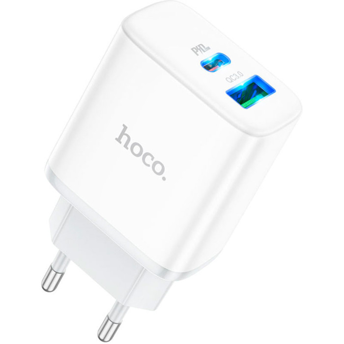 Зарядний пристрій HOCO C105A Stage 1xUSB-A, 1xUSB-C, PD20W, QC3.0 White w/Type-C to Lightning cable (6931474782939)