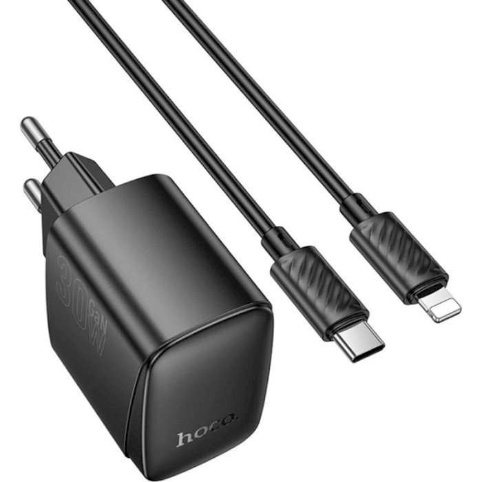 Зарядное устройство HOCO CS61A Bright 1xUSB-A, 1xUSB-C, PD30W, QC3.0 Black w/Type-C to Lightning cable (6942007638432)