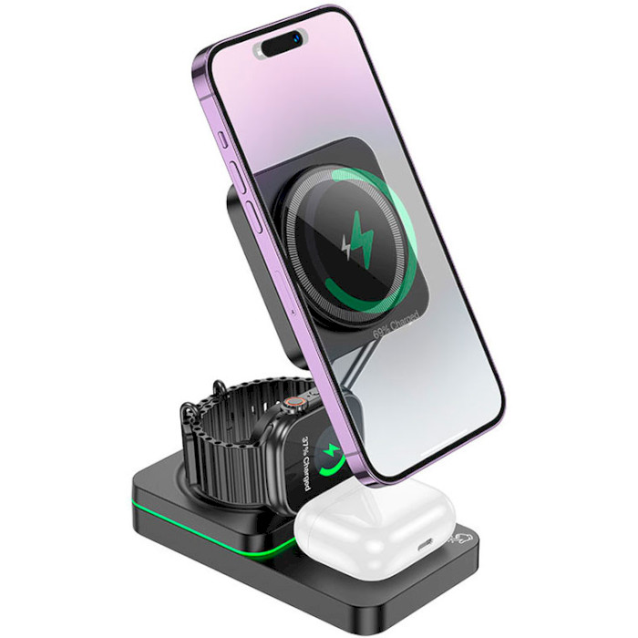 Беспроводное зарядное устройство HOCO CQ10 Consuelo Folding 3-in-1 Magnetic Wireless Fast Charger Black